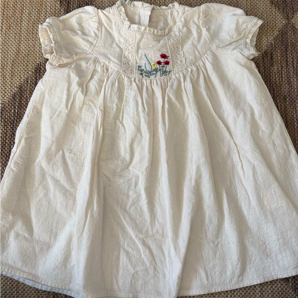 Cream Baby Dress with Floral Embroidery